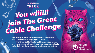 Promotional image for The Great Cable Challenge. A vivid pink cat holds tangled cables, surrounded by electrical items. Bold text encourages recycling. Vibrant and playful tone.